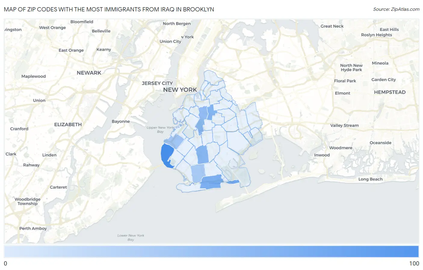 Zip Codes with the Most Immigrants from Iraq in Brooklyn Map
