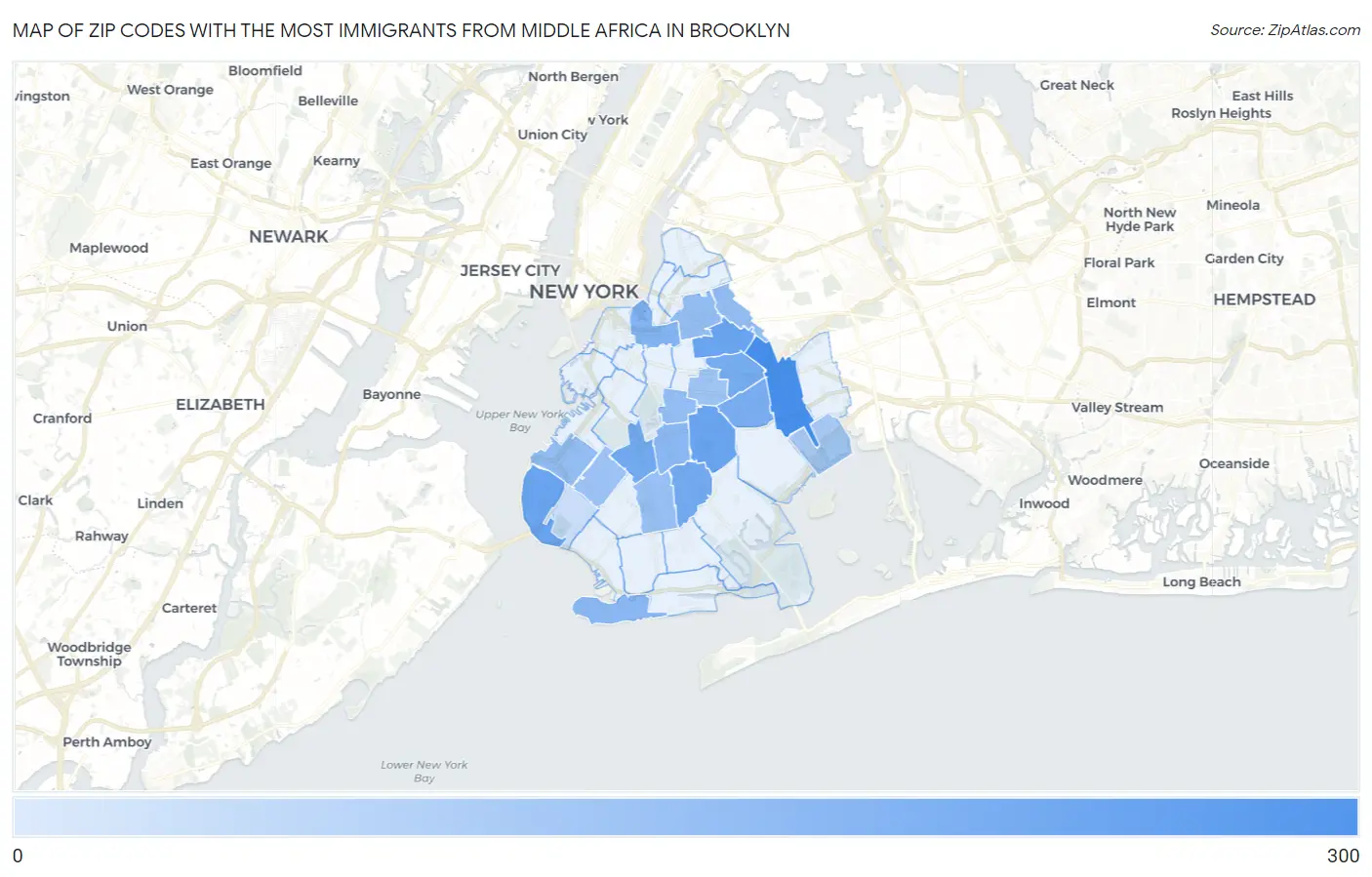Zip Codes with the Most Immigrants from Middle Africa in Brooklyn Map