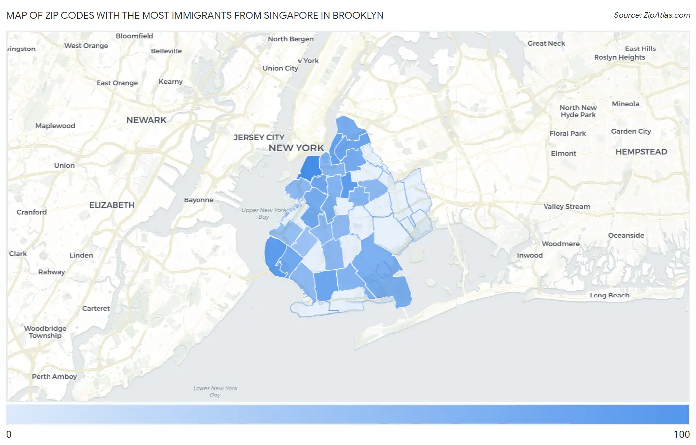 Zip Codes with the Most Immigrants from Singapore in Brooklyn Map