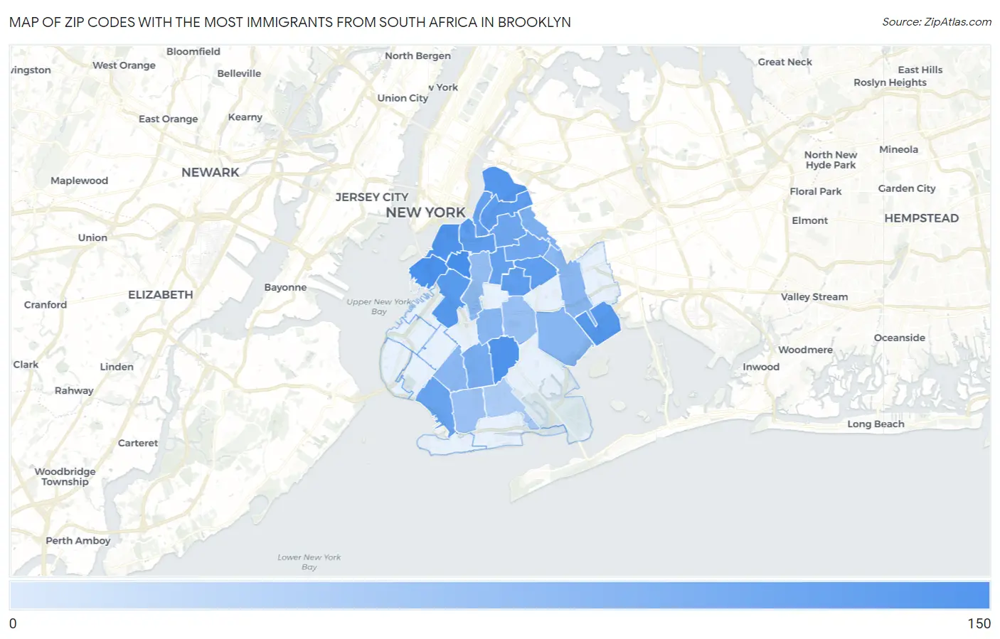 Zip Codes with the Most Immigrants from South Africa in Brooklyn Map