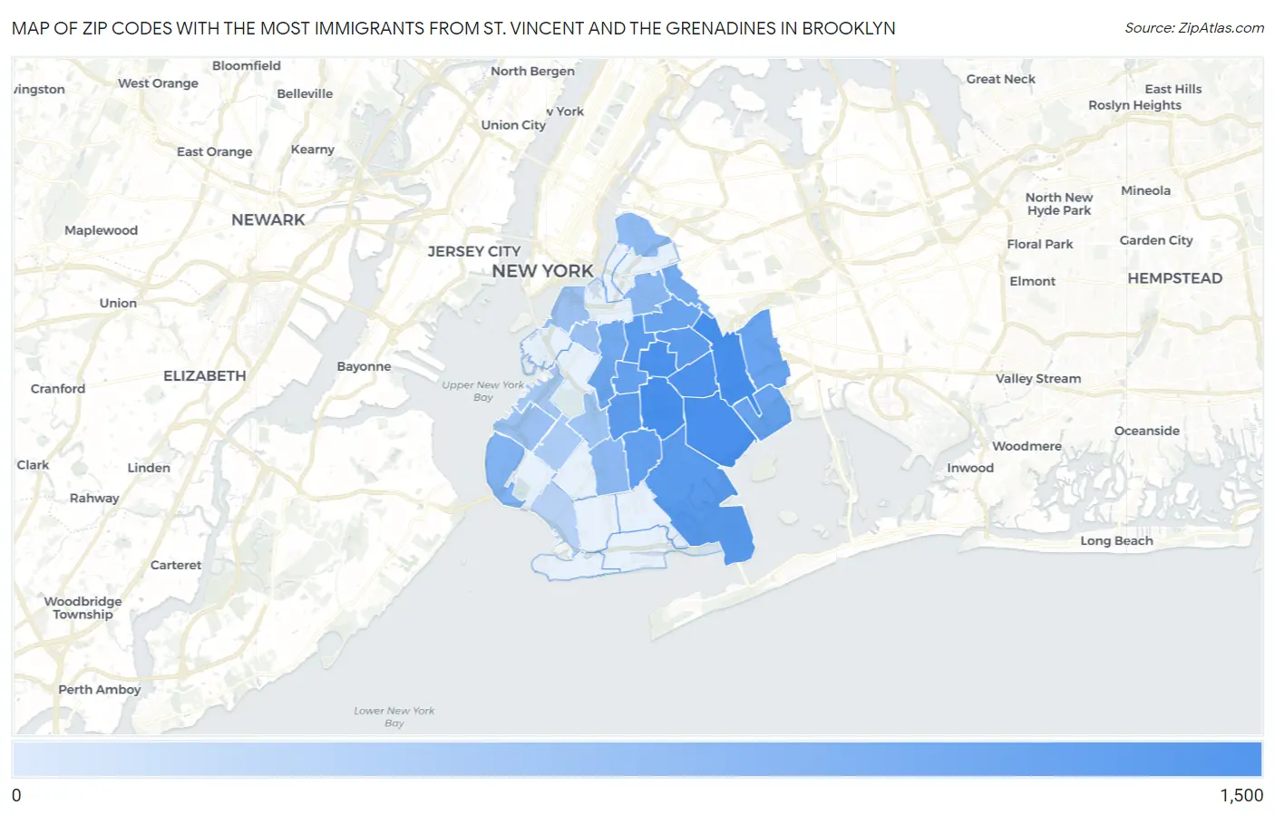 Zip Codes with the Most Immigrants from St. Vincent and the Grenadines in Brooklyn Map