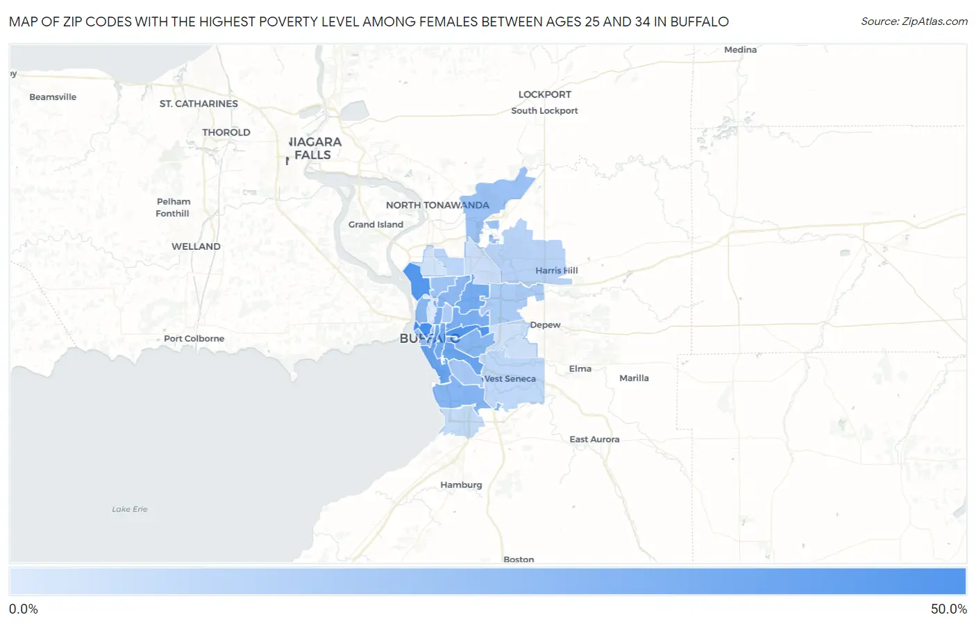 Zip Codes with the Highest Poverty Level Among Females Between Ages 25 and 34 in Buffalo Map