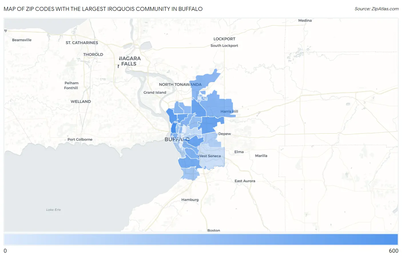 Zip Codes with the Largest Iroquois Community in Buffalo Map