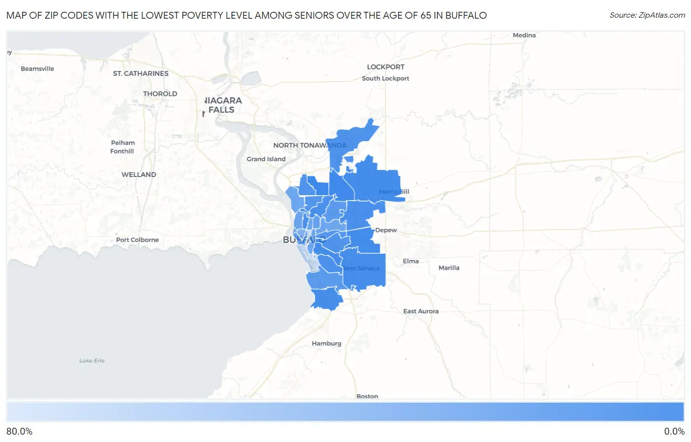 Zip Codes with the Lowest Poverty Level Among Seniors Over the Age of 65 in Buffalo Map