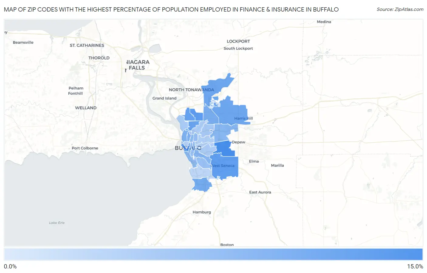 Zip Codes with the Highest Percentage of Population Employed in Finance & Insurance in Buffalo Map
