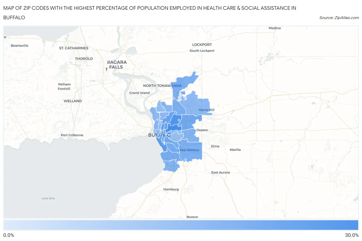 Zip Codes with the Highest Percentage of Population Employed in Health Care & Social Assistance in Buffalo Map