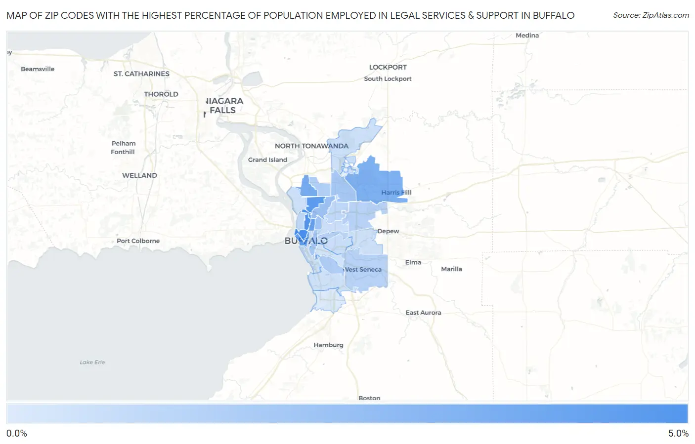 Zip Codes with the Highest Percentage of Population Employed in Legal Services & Support in Buffalo Map