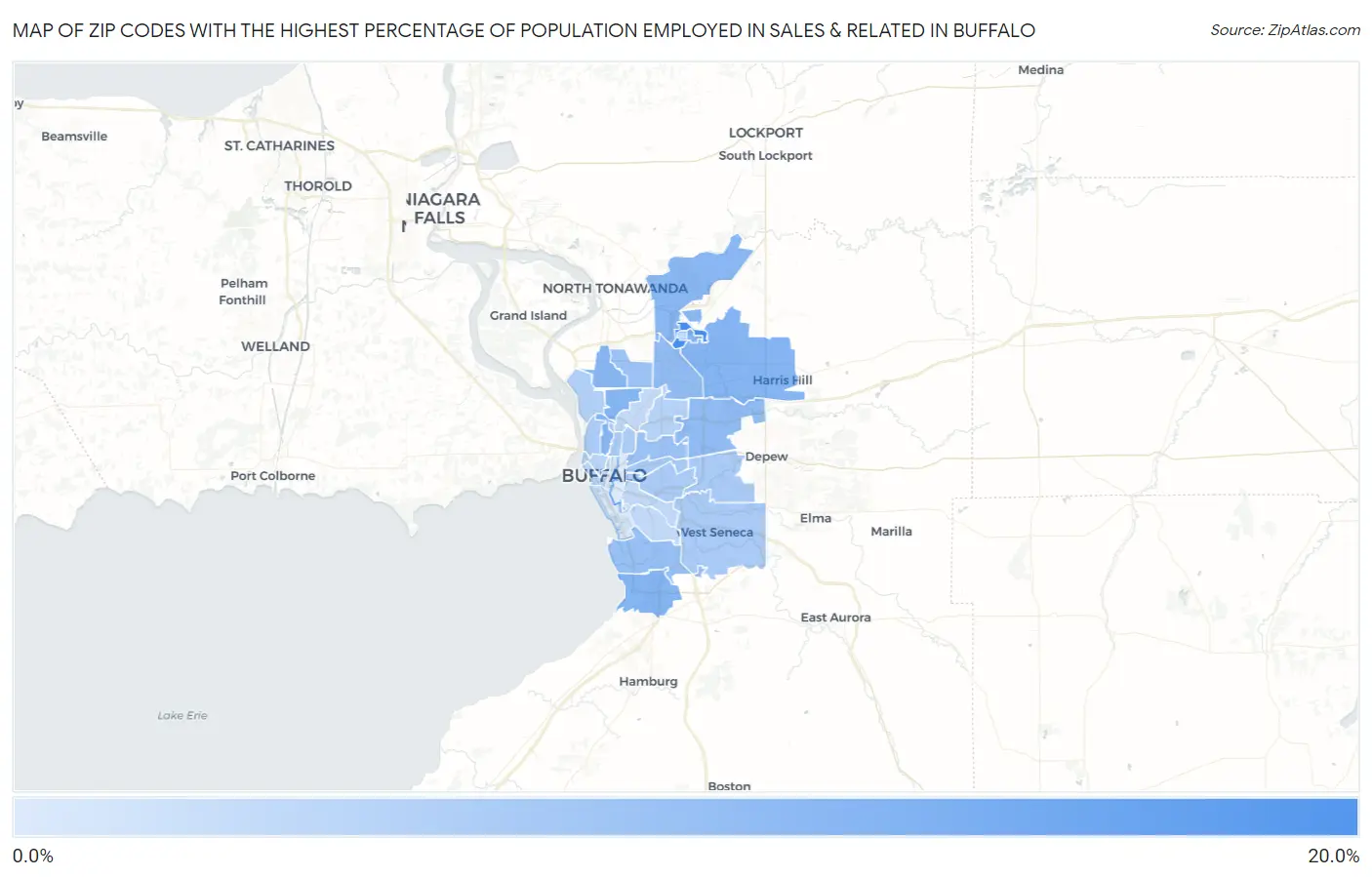 Zip Codes with the Highest Percentage of Population Employed in Sales & Related in Buffalo Map