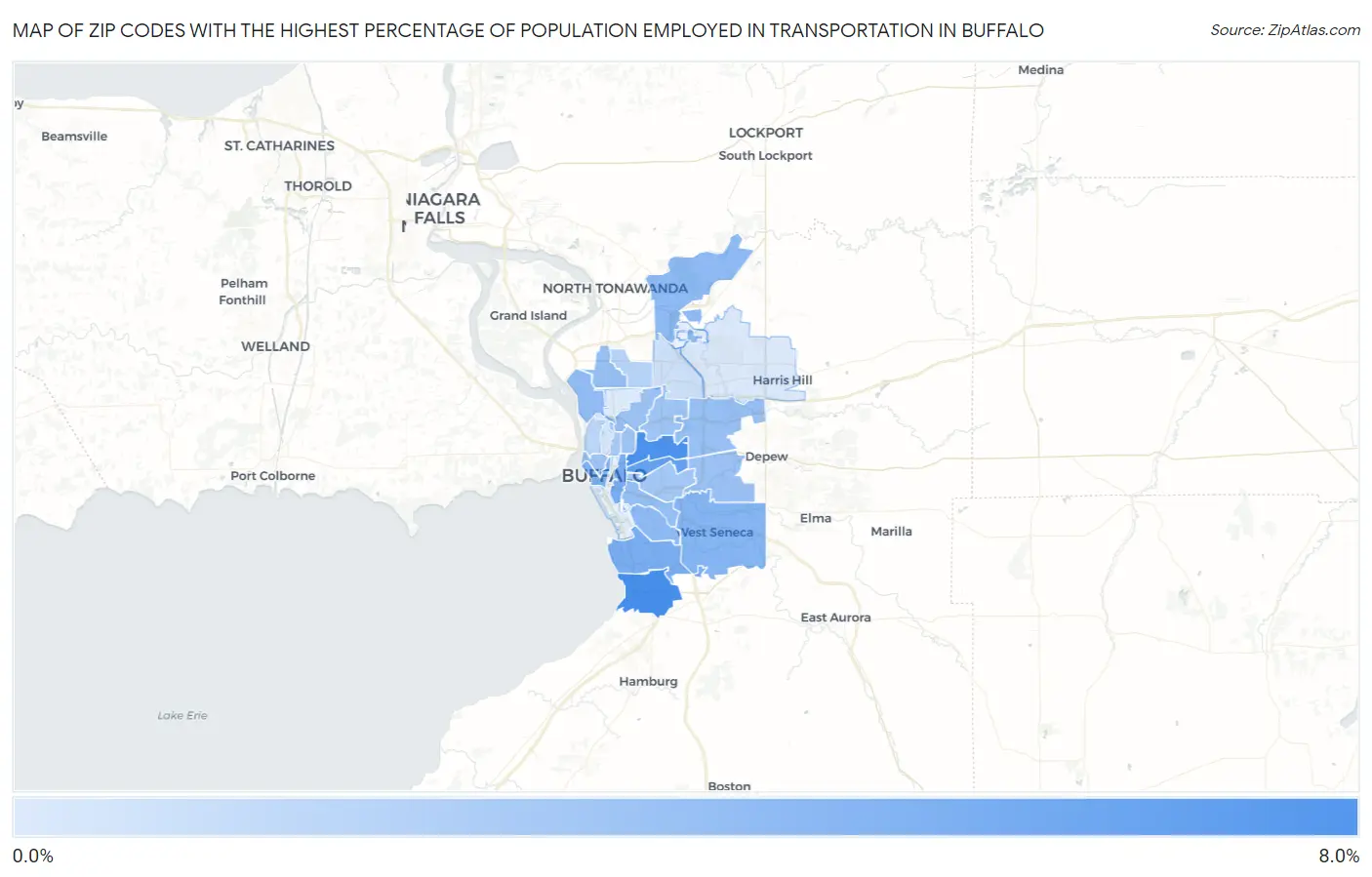 Zip Codes with the Highest Percentage of Population Employed in Transportation in Buffalo Map