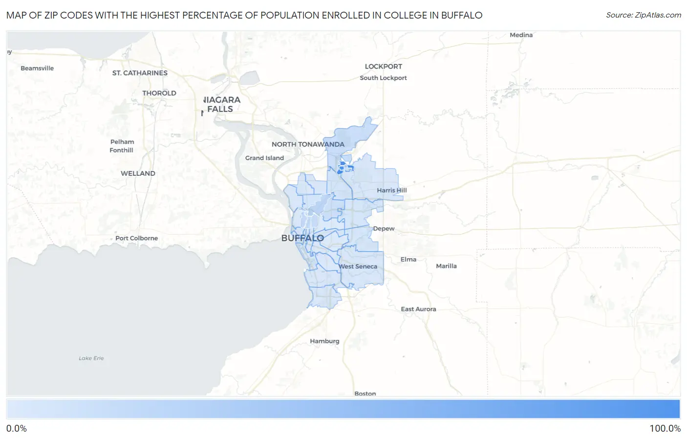 Zip Codes with the Highest Percentage of Population Enrolled in College in Buffalo Map