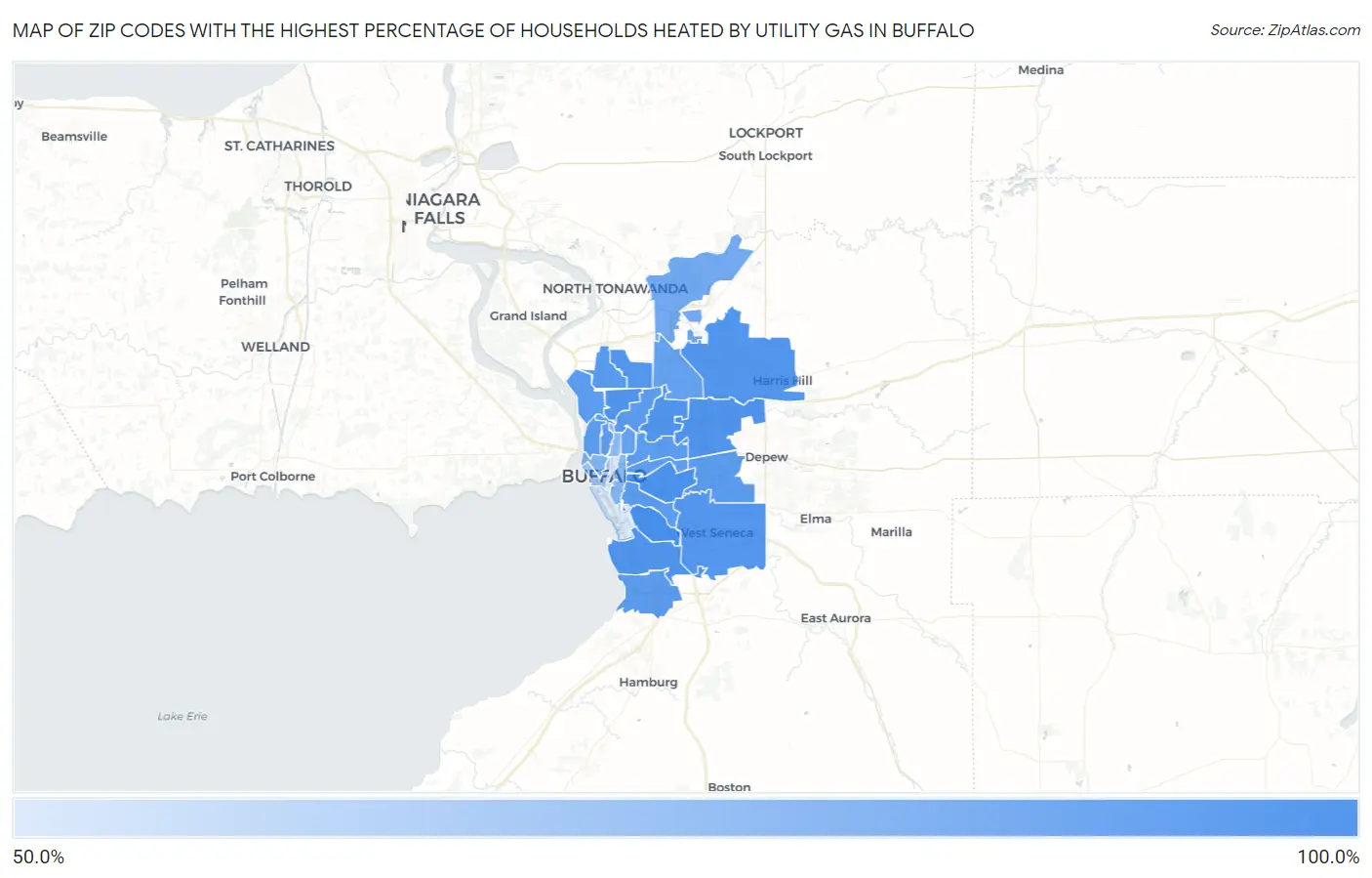 Zip Codes with the Highest Percentage of Households Heated by Utility Gas in Buffalo Map