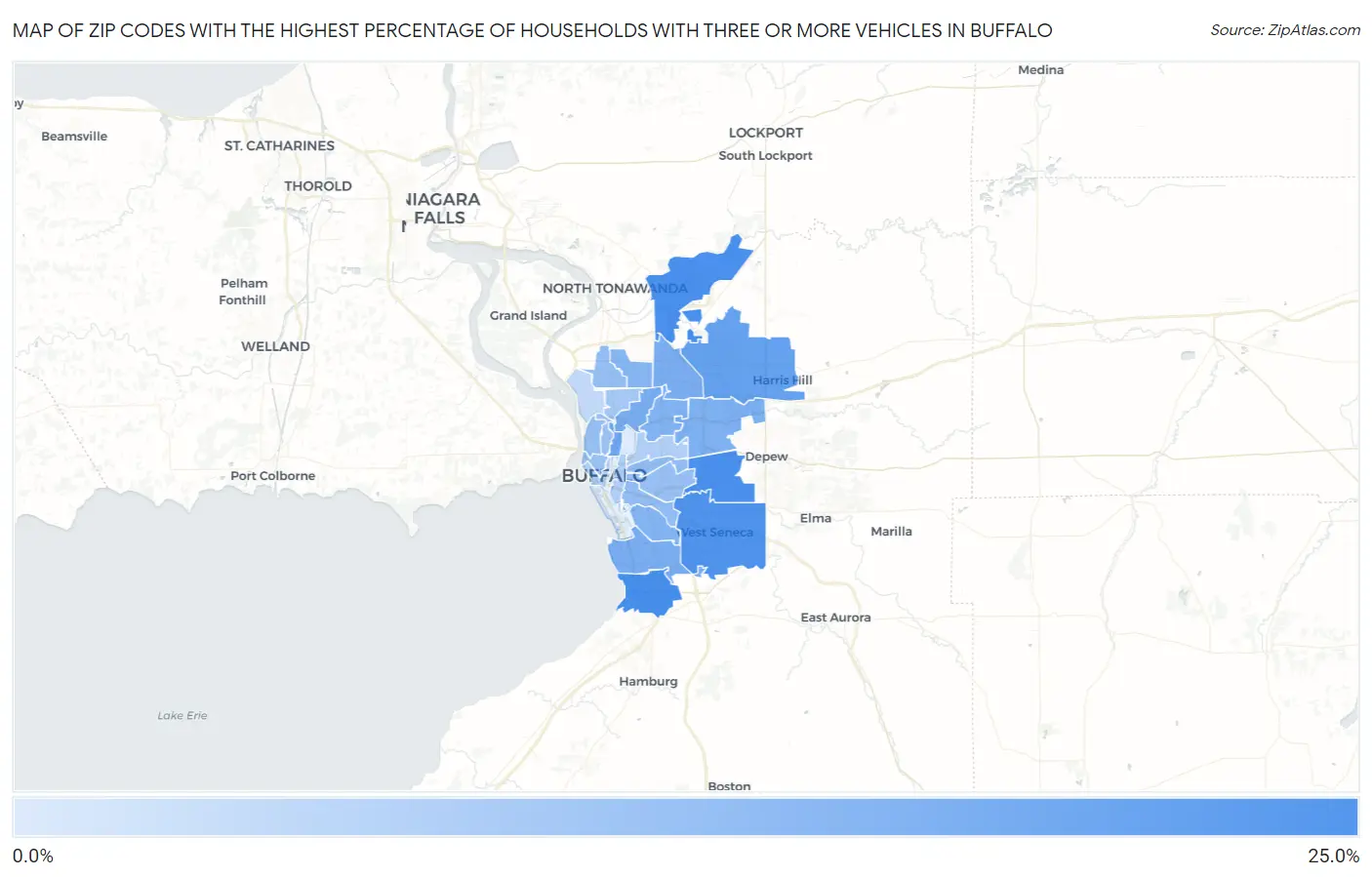 Zip Codes with the Highest Percentage of Households With Three or more Vehicles in Buffalo Map
