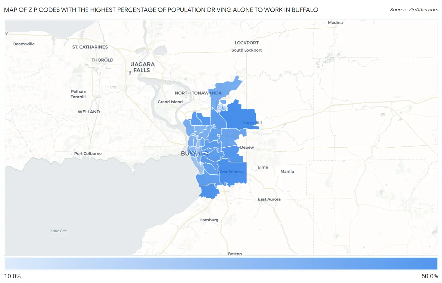 Zip Codes with the Highest Percentage of Population Driving Alone to Work in Buffalo Map