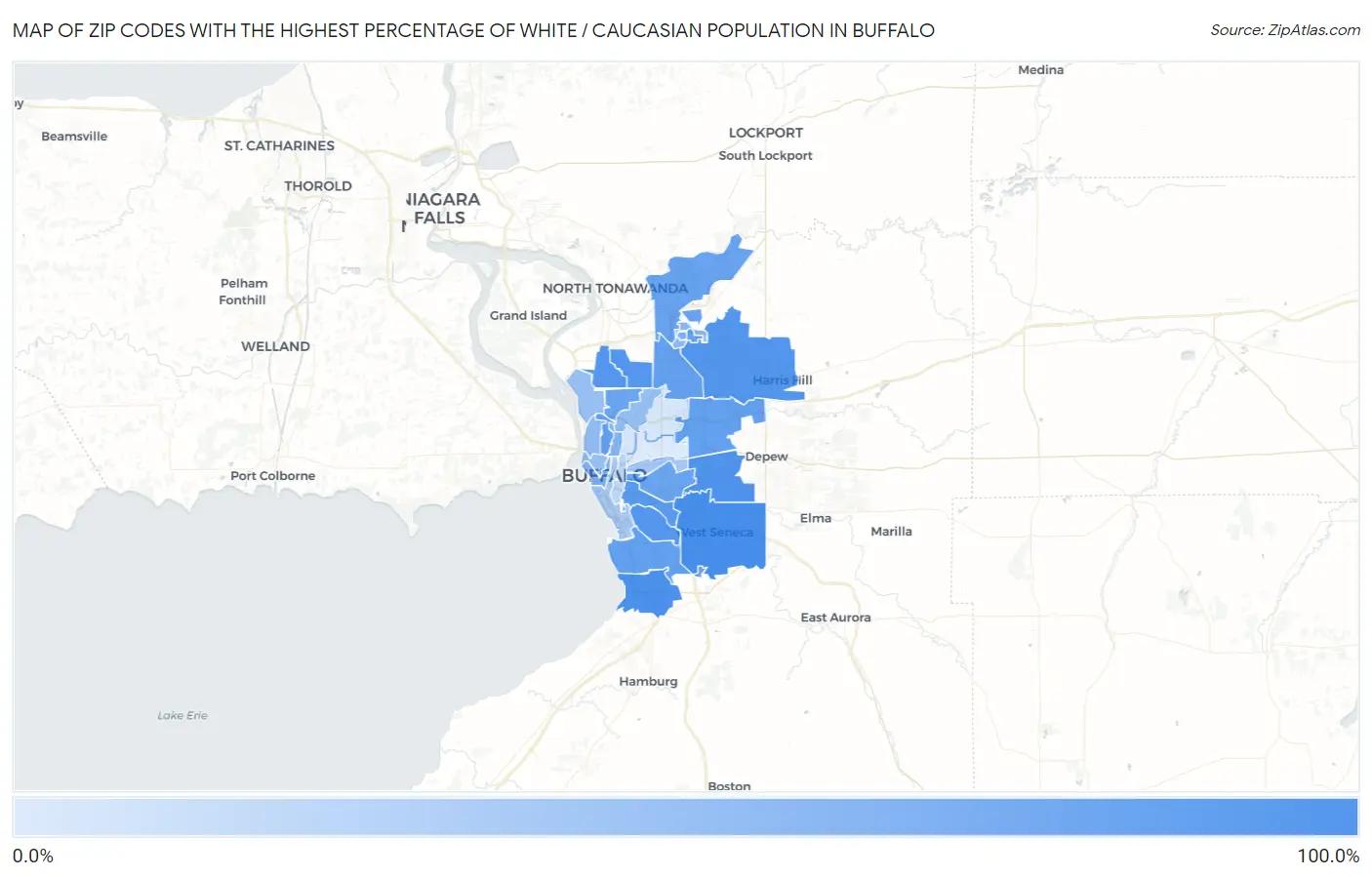 Zip Codes with the Highest Percentage of White / Caucasian Population in Buffalo Map