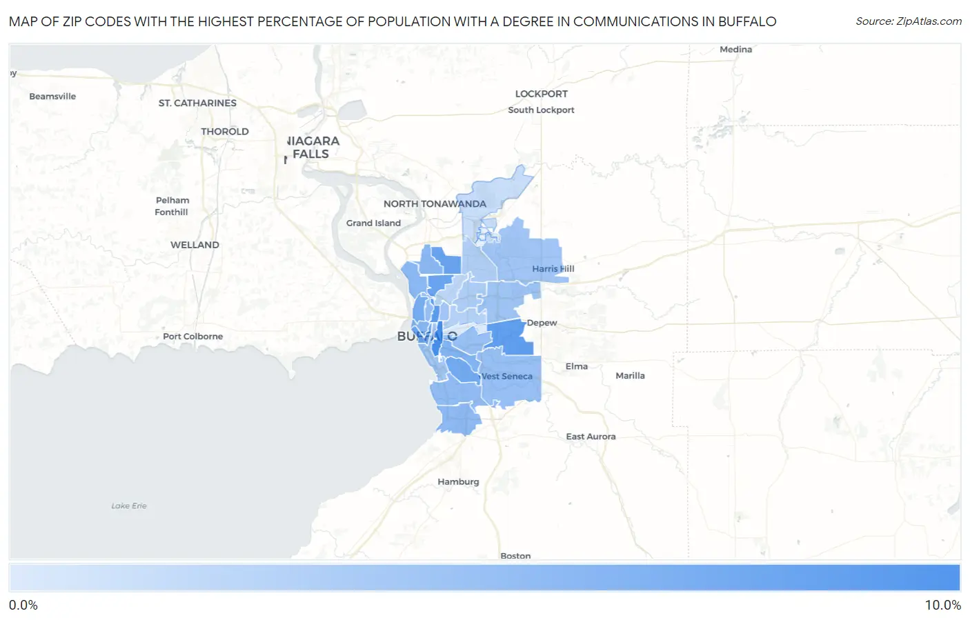 Zip Codes with the Highest Percentage of Population with a Degree in Communications in Buffalo Map