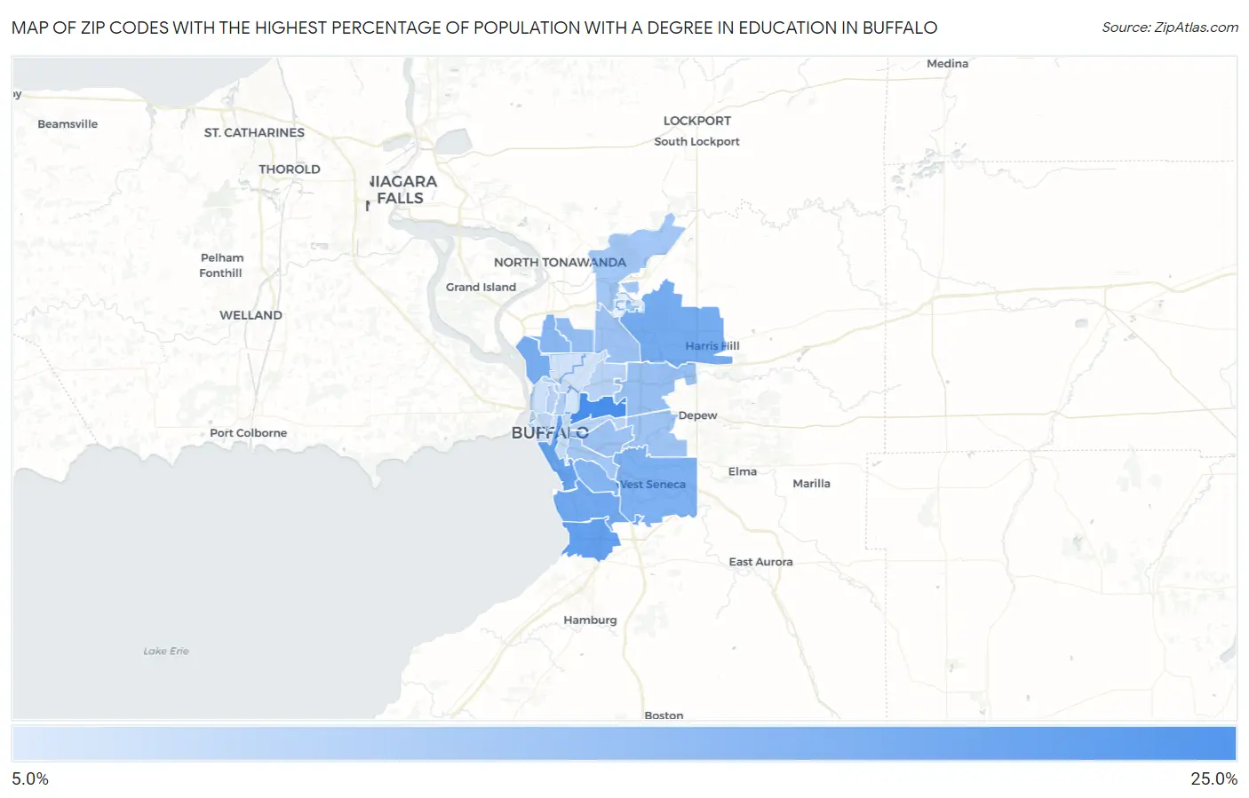 Zip Codes with the Highest Percentage of Population with a Degree in Education in Buffalo Map