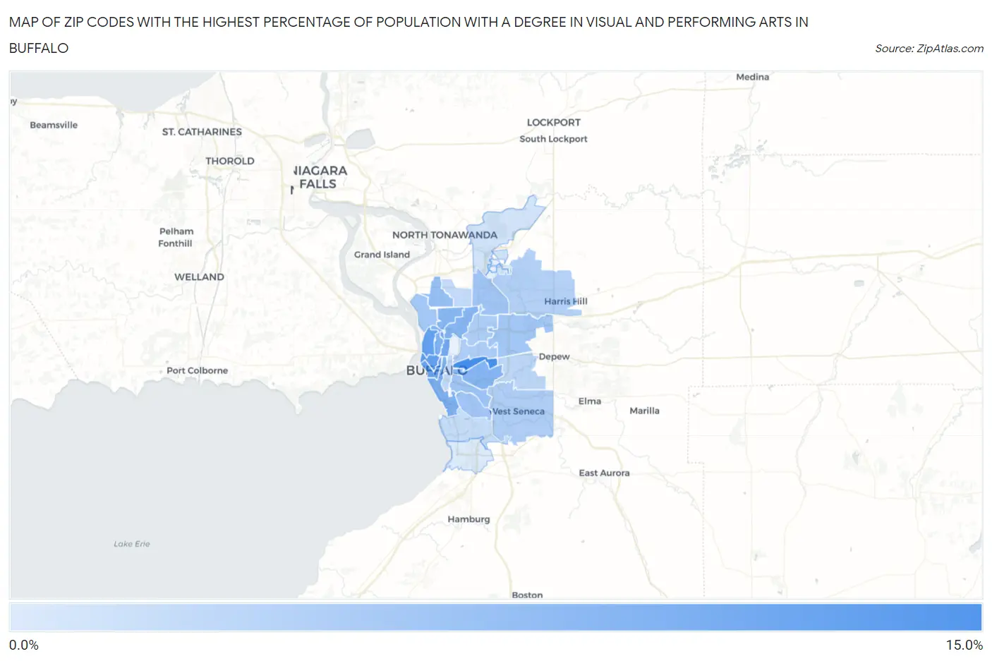 Zip Codes with the Highest Percentage of Population with a Degree in Visual and Performing Arts in Buffalo Map