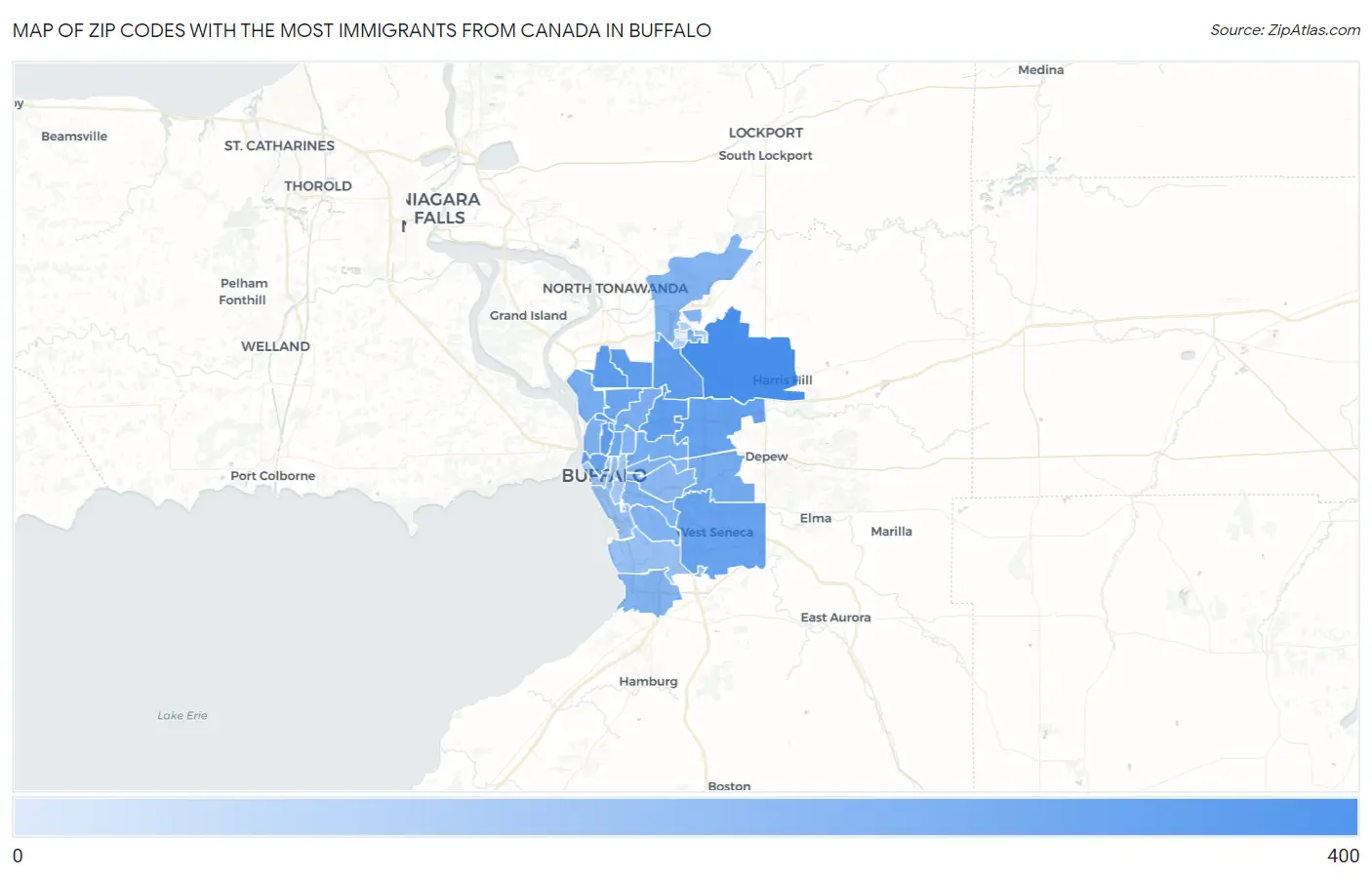 Zip Codes with the Most Immigrants from Canada in Buffalo Map