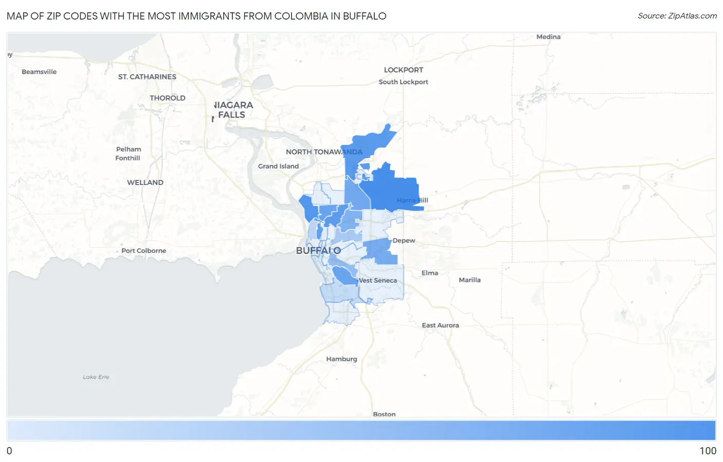 Zip Codes with the Most Immigrants from Colombia in Buffalo Map
