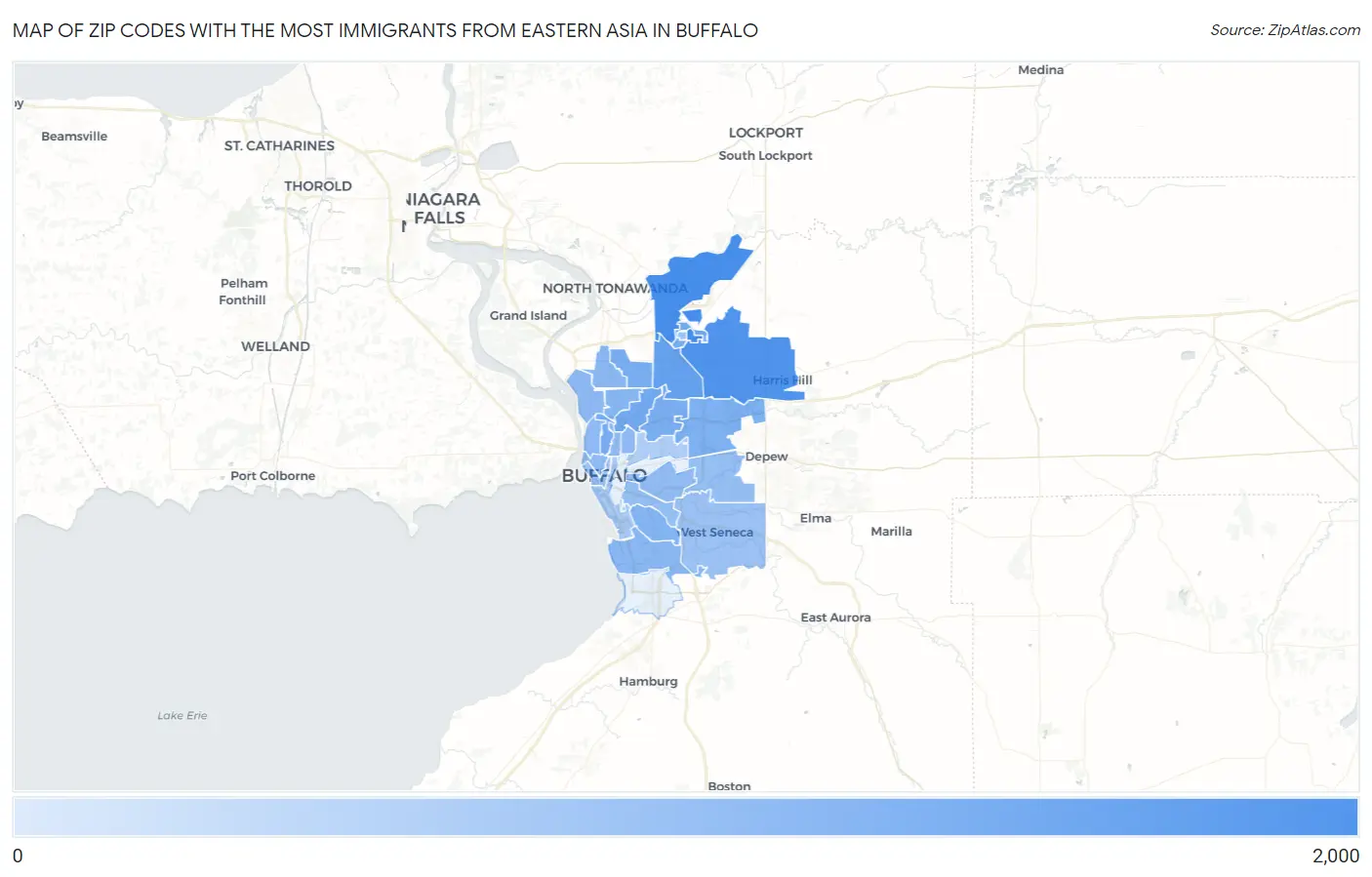 Zip Codes with the Most Immigrants from Eastern Asia in Buffalo Map