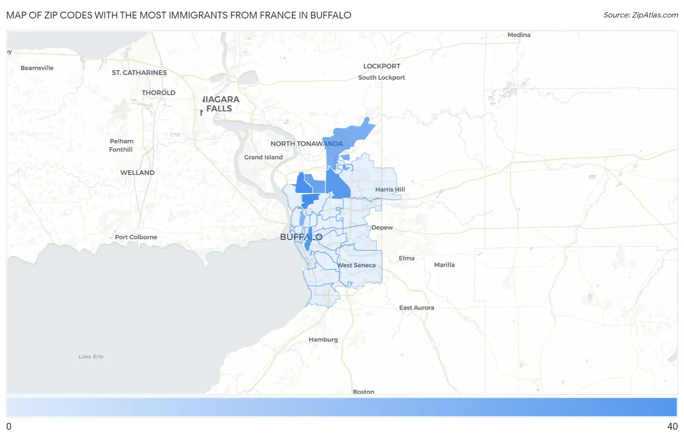 Zip Codes with the Most Immigrants from France in Buffalo Map