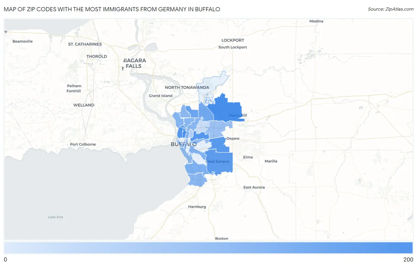 Zip Codes with the Most Immigrants from Germany in Buffalo Map