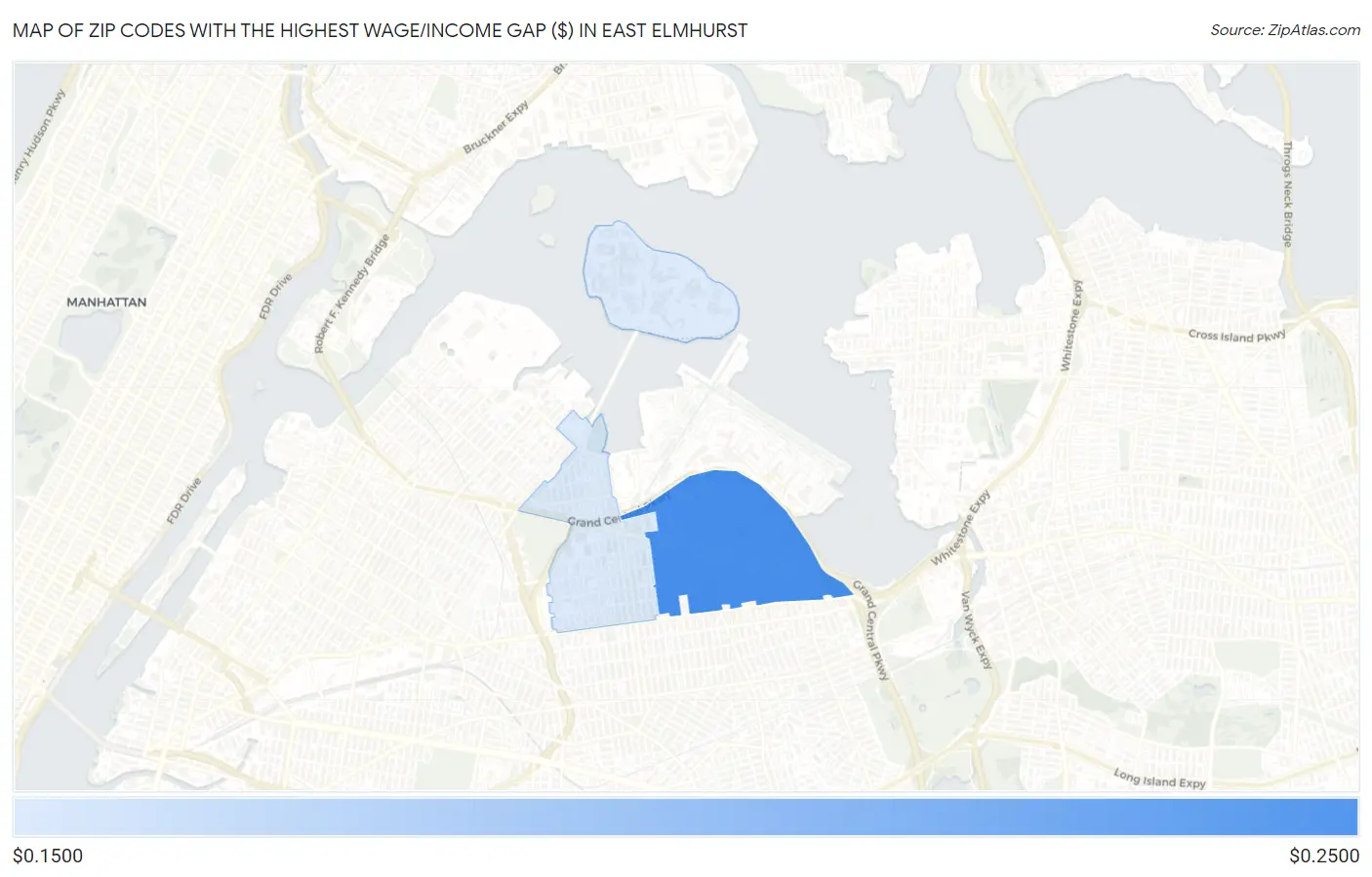 Zip Codes with the Highest Wage/Income Gap ($) in East Elmhurst Map