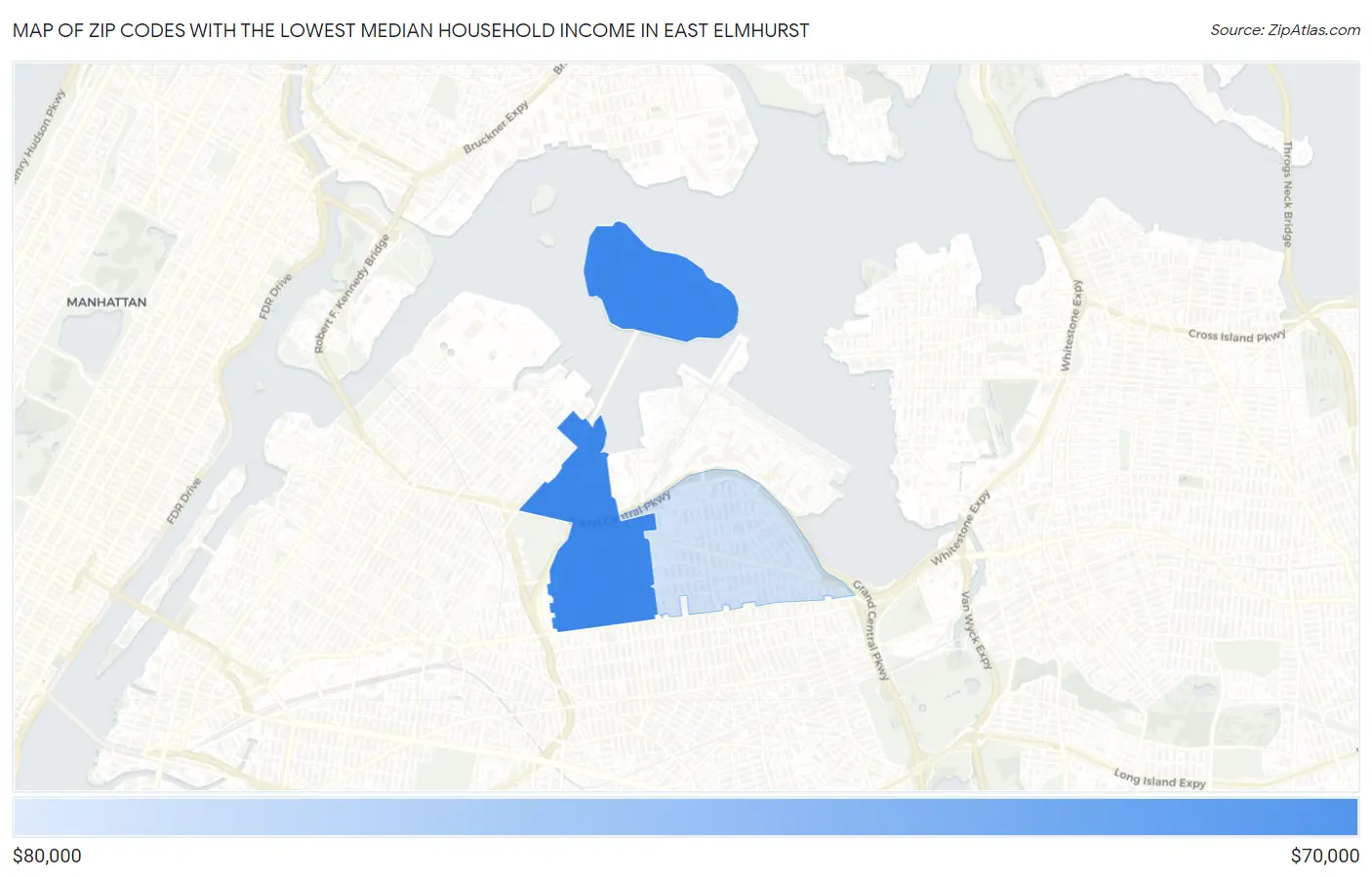 Zip Codes with the Lowest Median Household Income in East Elmhurst Map