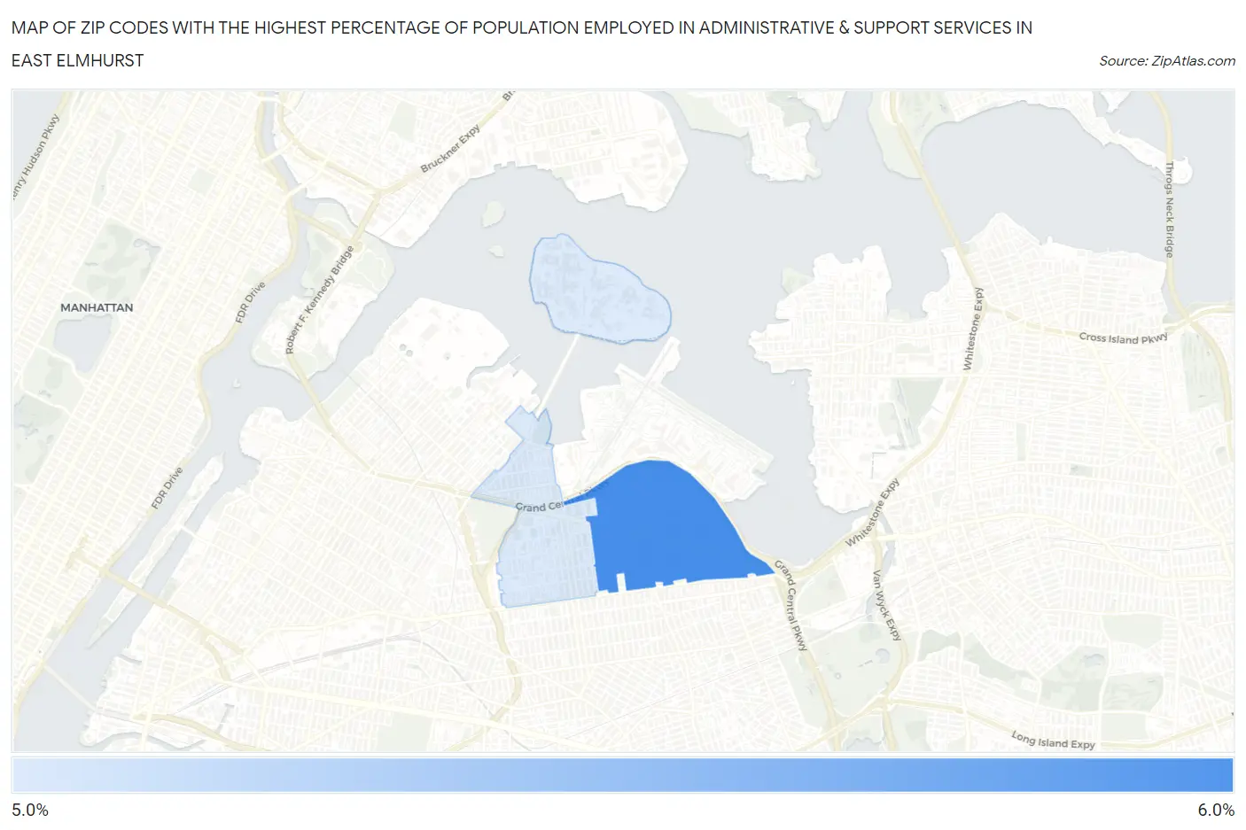 Zip Codes with the Highest Percentage of Population Employed in Administrative & Support Services in East Elmhurst Map