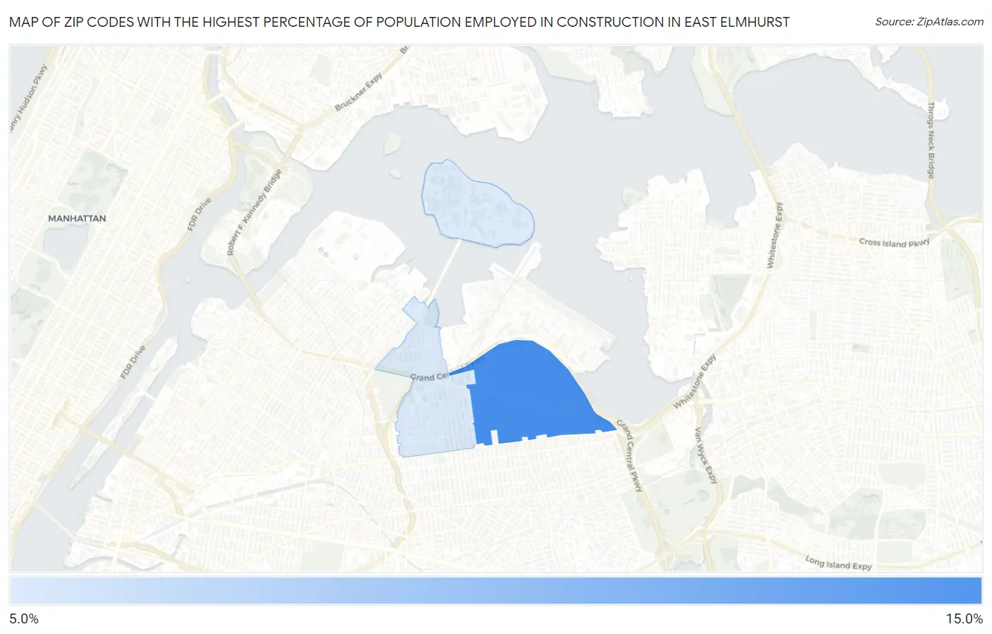 Zip Codes with the Highest Percentage of Population Employed in Construction in East Elmhurst Map