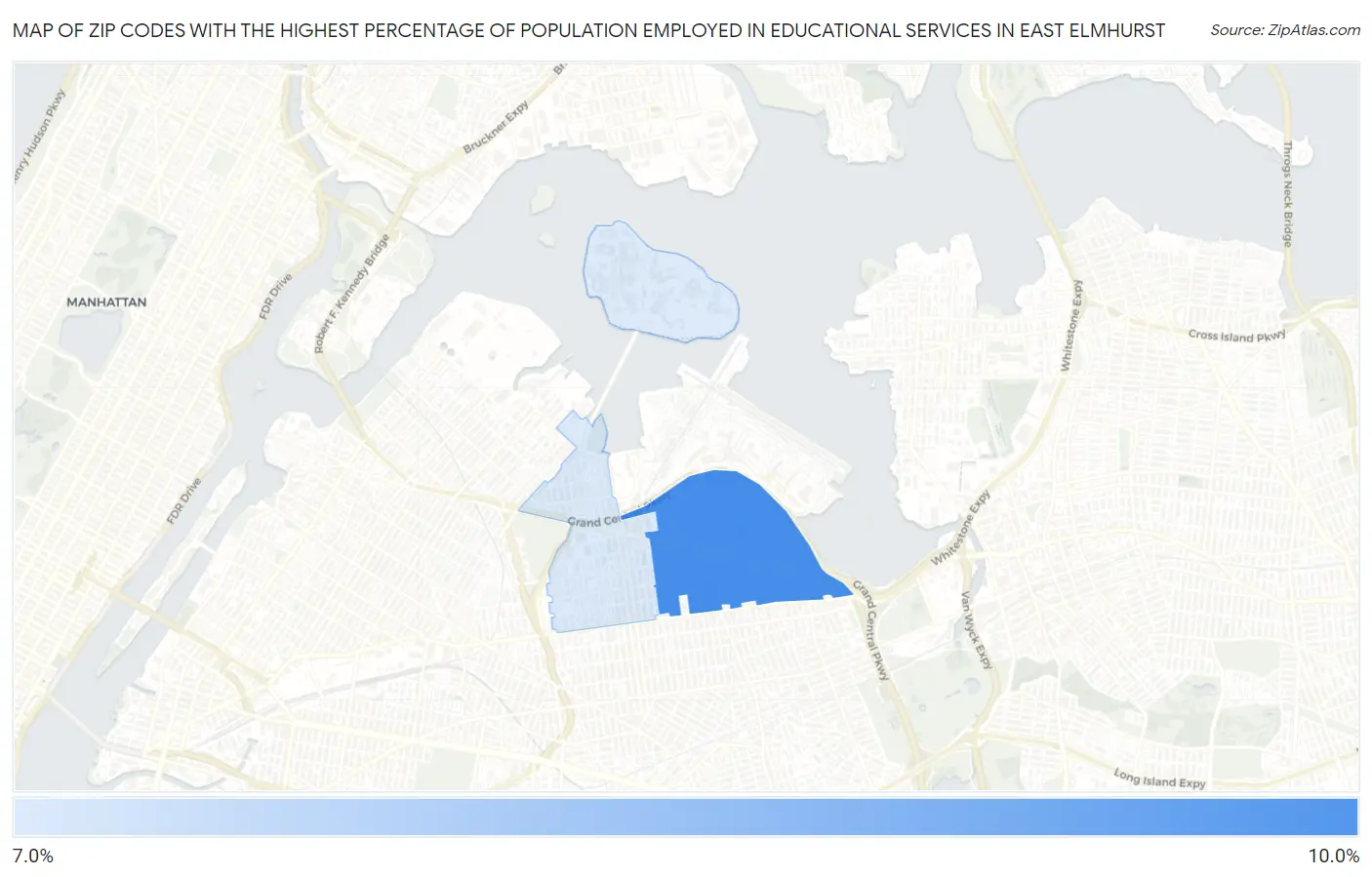 Zip Codes with the Highest Percentage of Population Employed in Educational Services in East Elmhurst Map