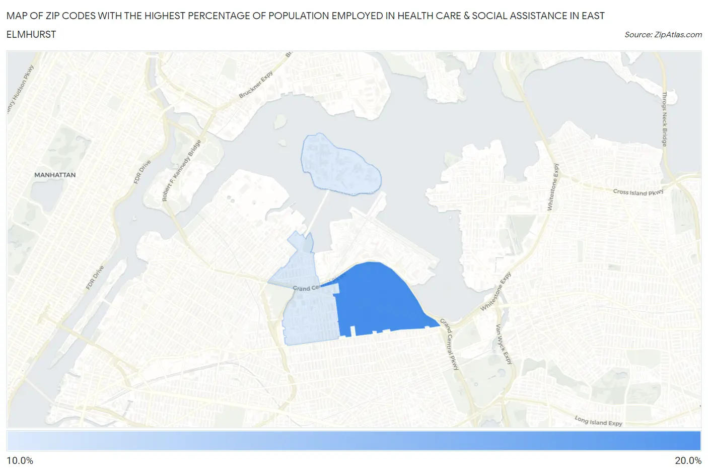 Zip Codes with the Highest Percentage of Population Employed in Health Care & Social Assistance in East Elmhurst Map