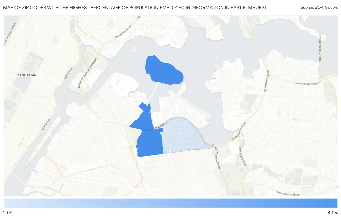 Zip Codes with the Highest Percentage of Population Employed in Information in East Elmhurst Map