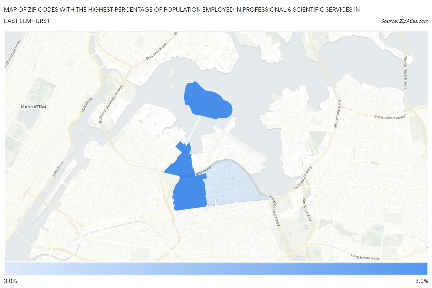 Zip Codes with the Highest Percentage of Population Employed in Professional & Scientific Services in East Elmhurst Map