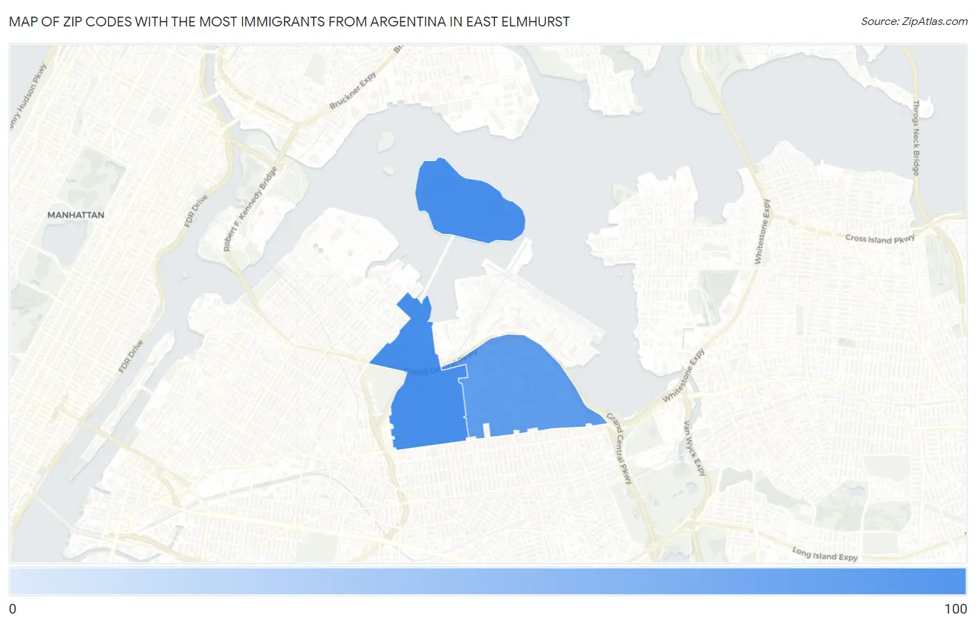 Zip Codes with the Most Immigrants from Argentina in East Elmhurst Map