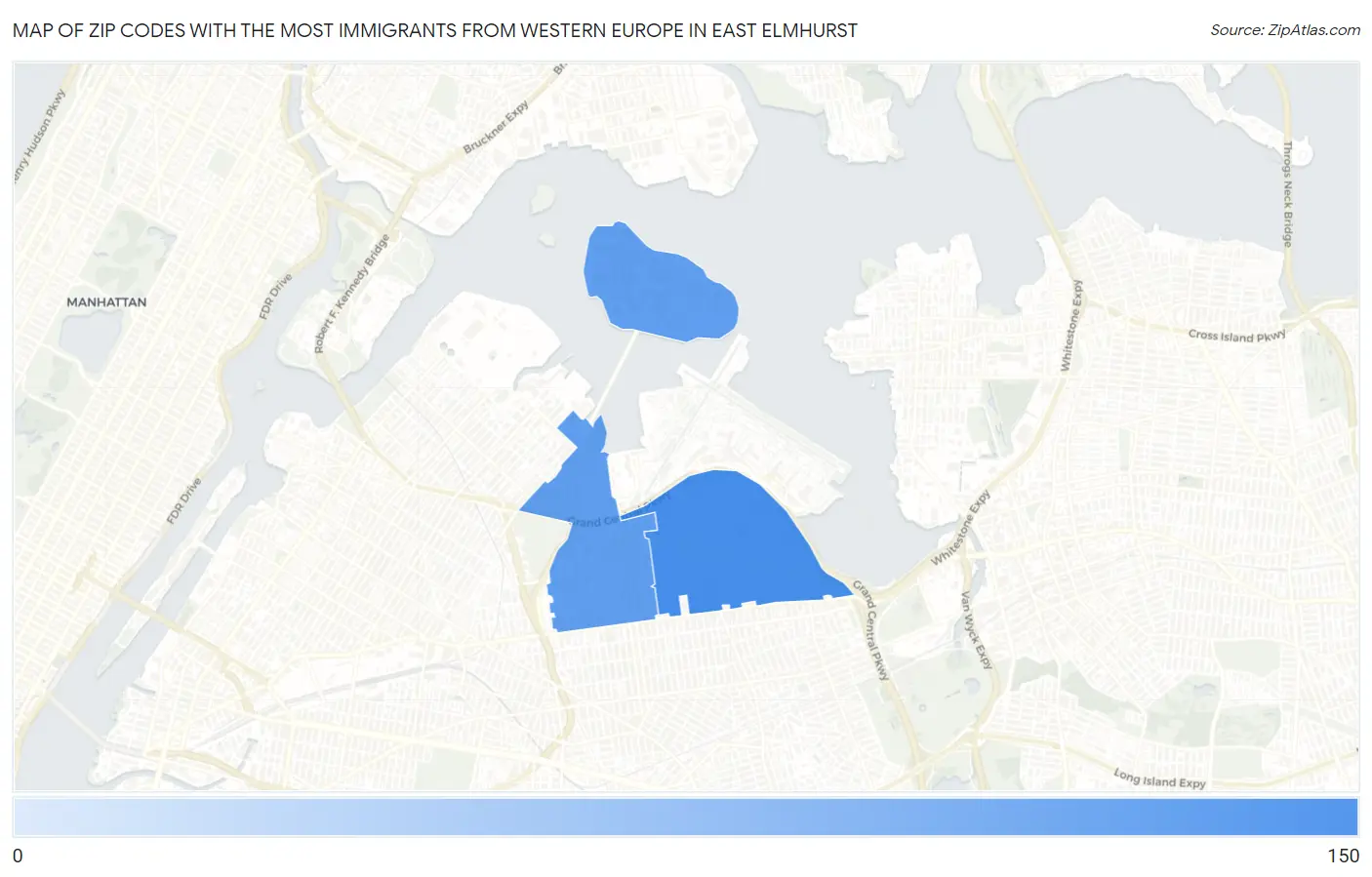 Zip Codes with the Most Immigrants from Western Europe in East Elmhurst Map