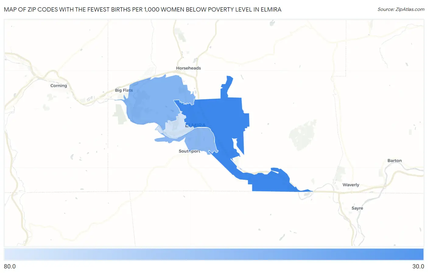 Zip Codes with the Fewest Births per 1,000 Women Below Poverty Level in Elmira Map