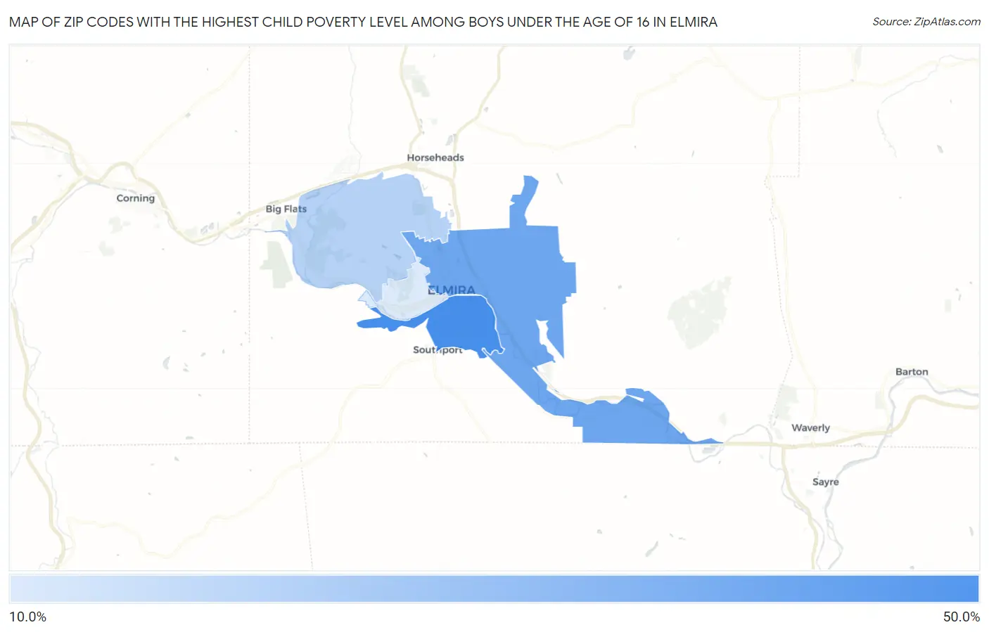 Zip Codes with the Highest Child Poverty Level Among Boys Under the Age of 16 in Elmira Map