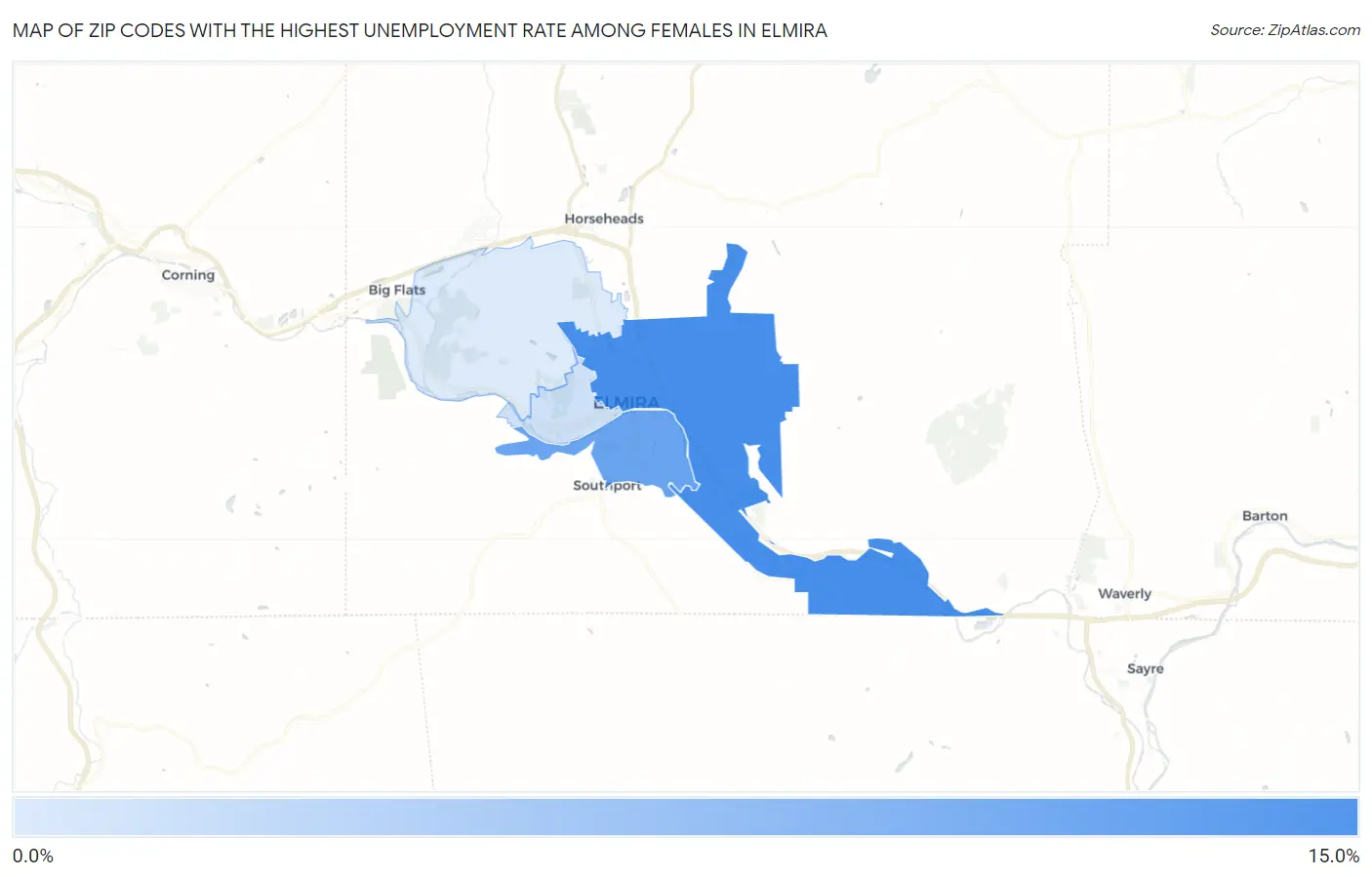 Zip Codes with the Highest Unemployment Rate Among Females in Elmira Map