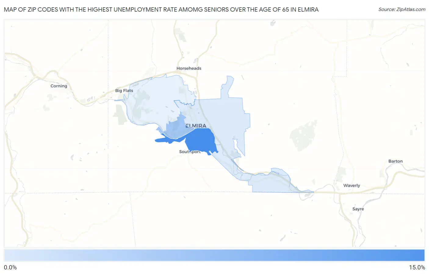 Zip Codes with the Highest Unemployment Rate Amomg Seniors Over the Age of 65 in Elmira Map