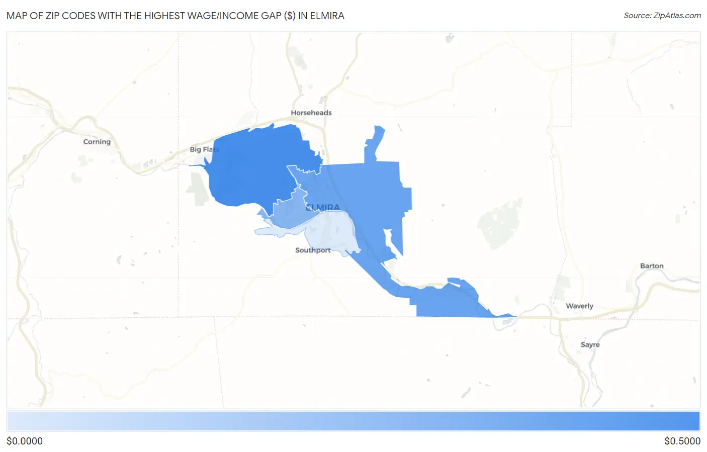 Zip Codes with the Highest Wage/Income Gap ($) in Elmira Map