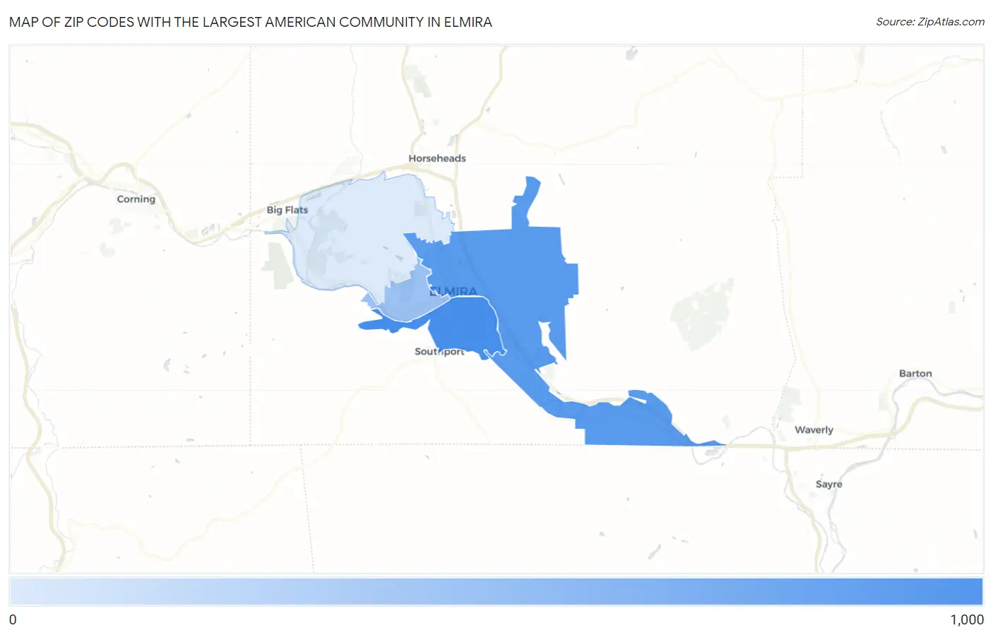 Zip Codes with the Largest American Community in Elmira Map