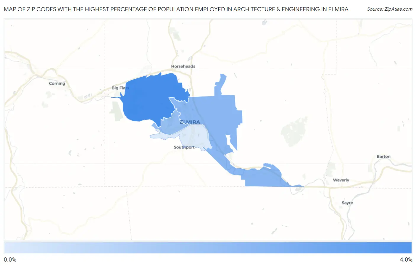 Zip Codes with the Highest Percentage of Population Employed in Architecture & Engineering in Elmira Map