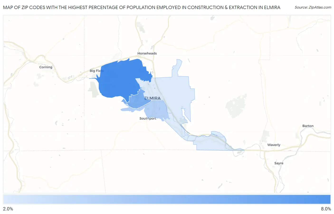 Zip Codes with the Highest Percentage of Population Employed in Construction & Extraction in Elmira Map