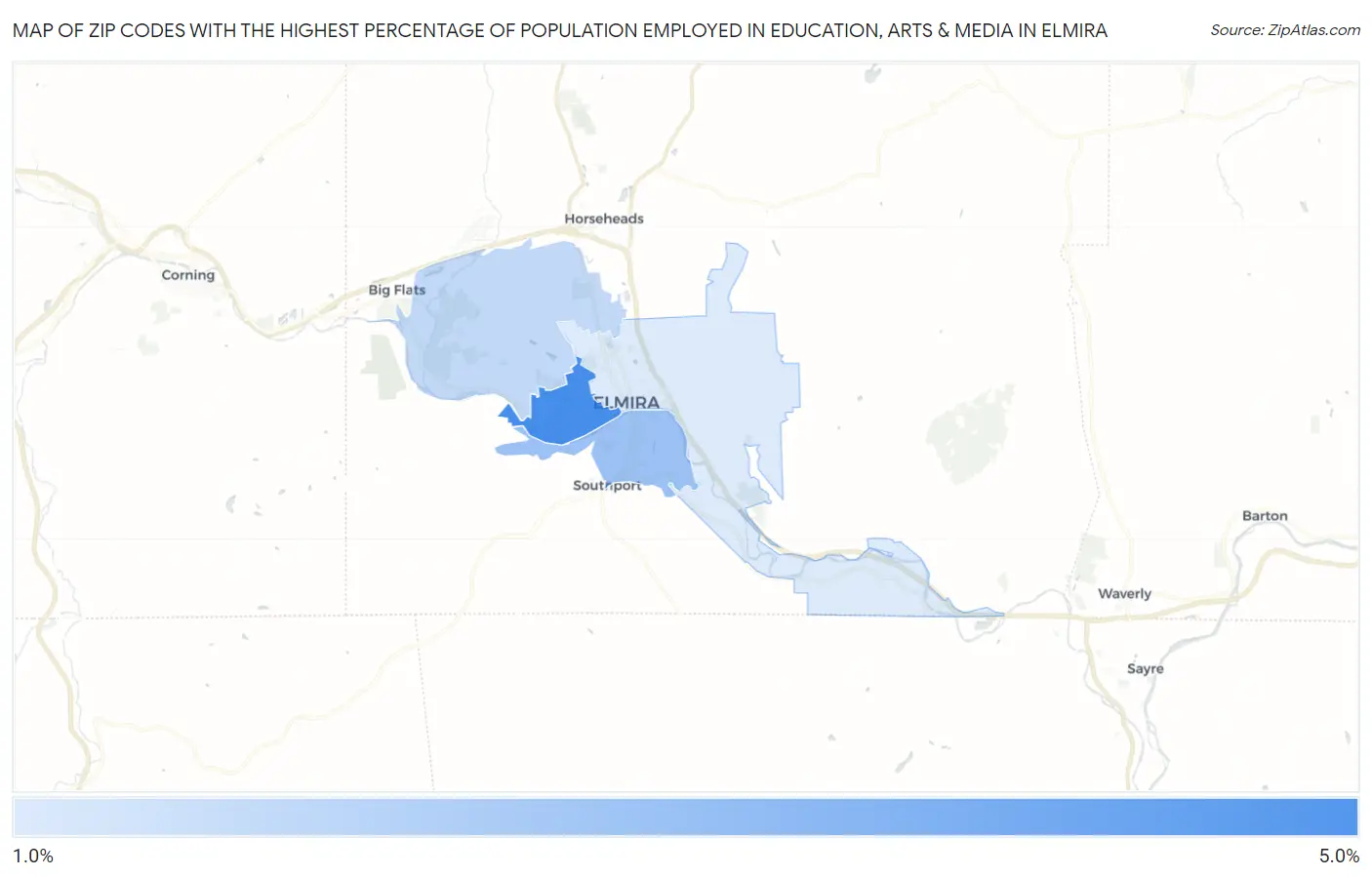 Zip Codes with the Highest Percentage of Population Employed in Education, Arts & Media in Elmira Map