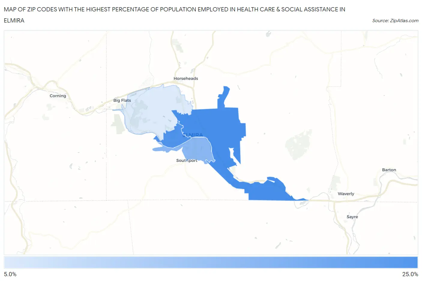 Zip Codes with the Highest Percentage of Population Employed in Health Care & Social Assistance in Elmira Map