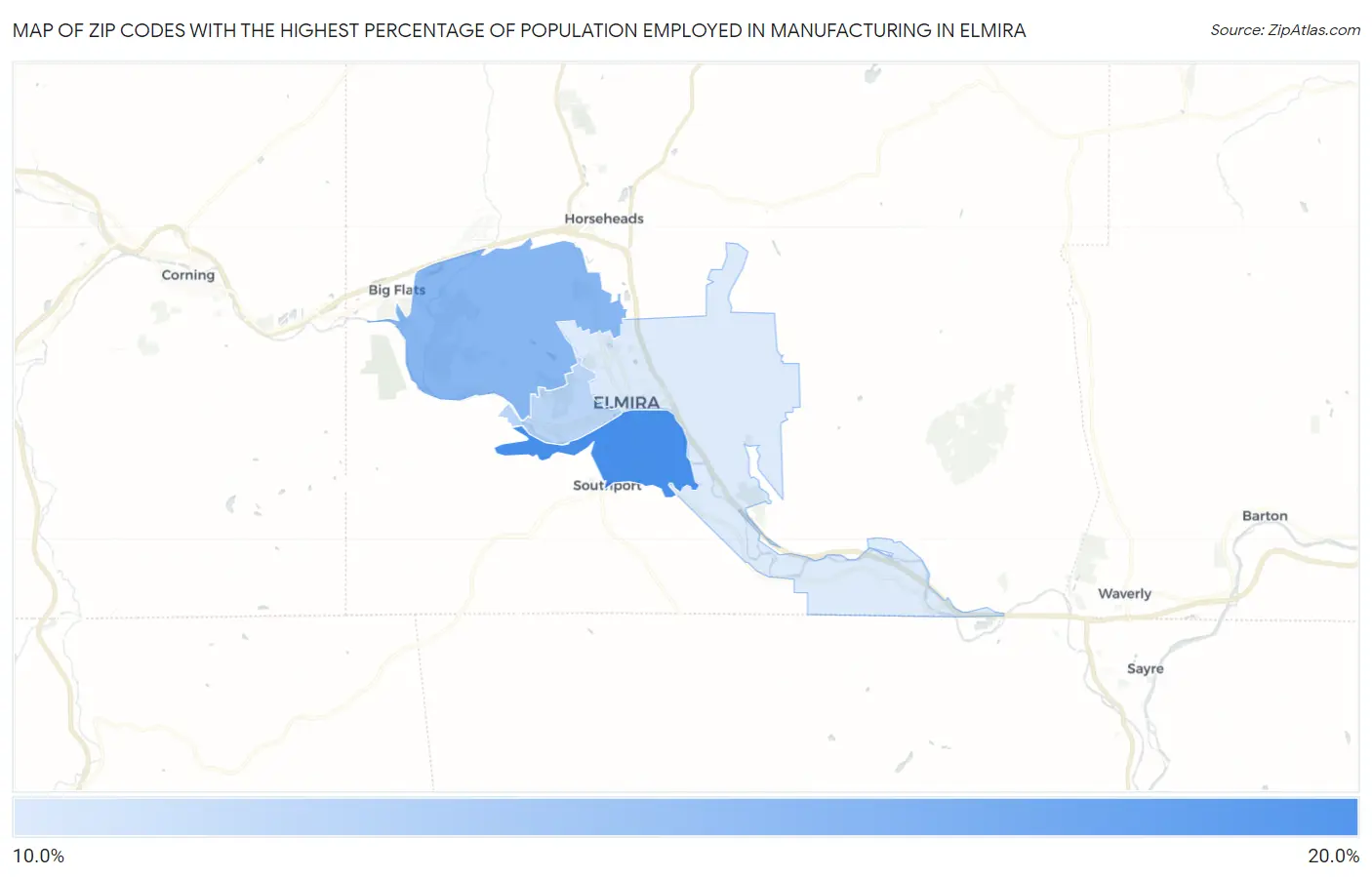 Zip Codes with the Highest Percentage of Population Employed in Manufacturing in Elmira Map