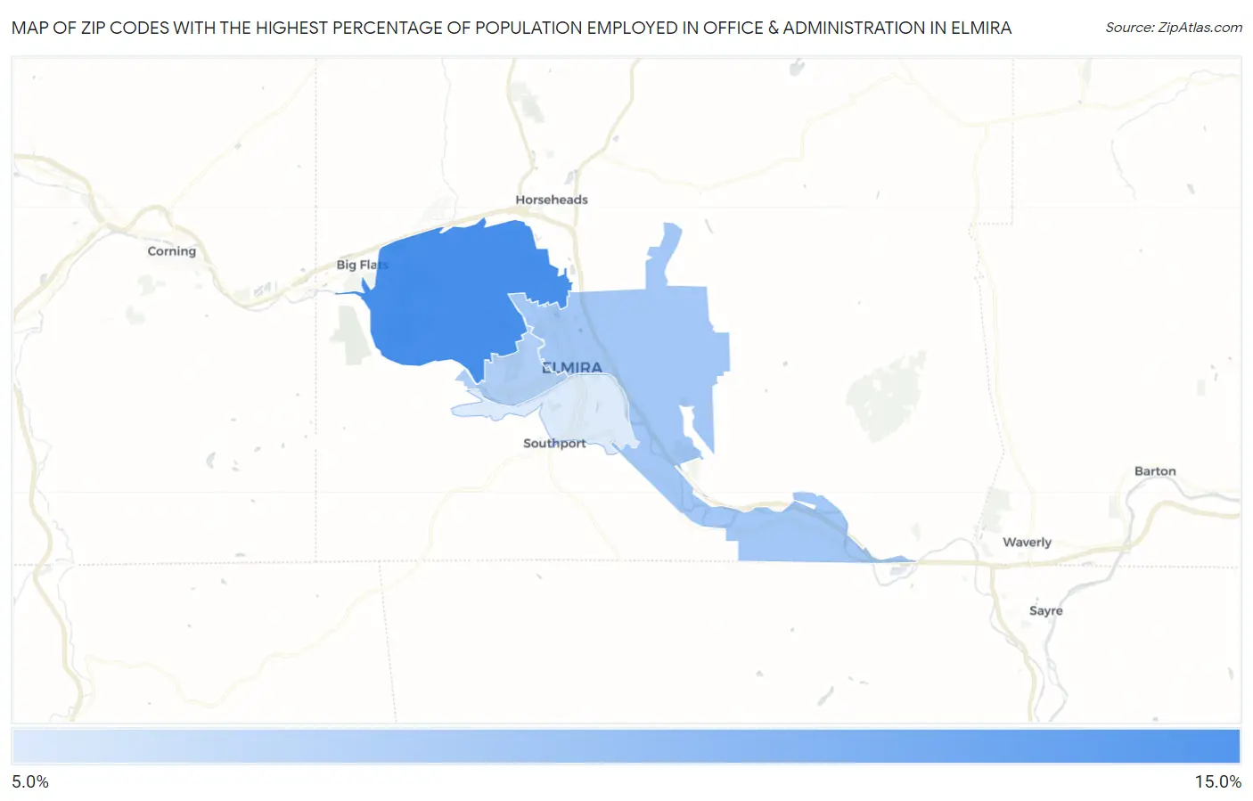 Zip Codes with the Highest Percentage of Population Employed in Office & Administration in Elmira Map