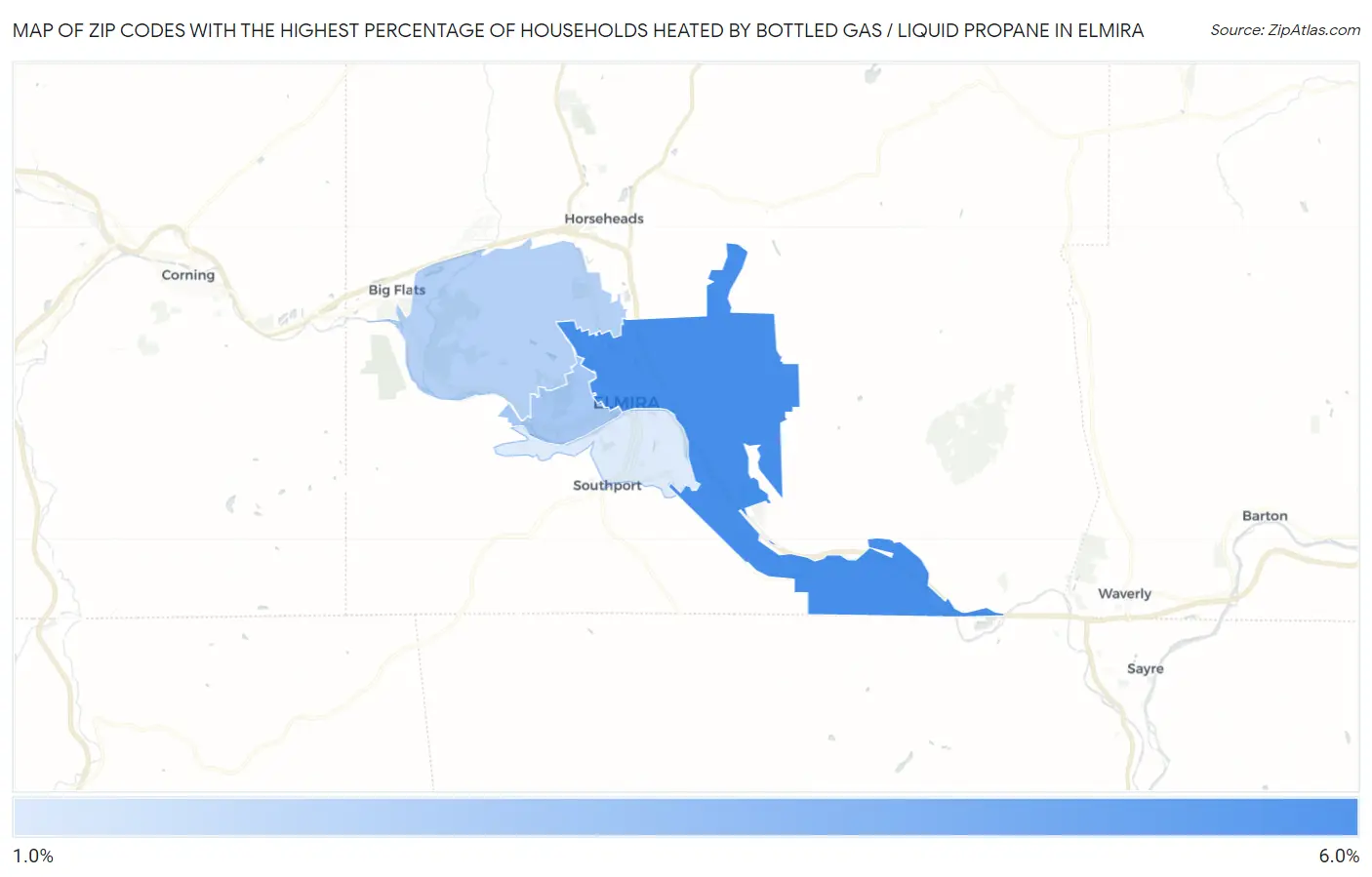 Zip Codes with the Highest Percentage of Households Heated by Bottled Gas / Liquid Propane in Elmira Map