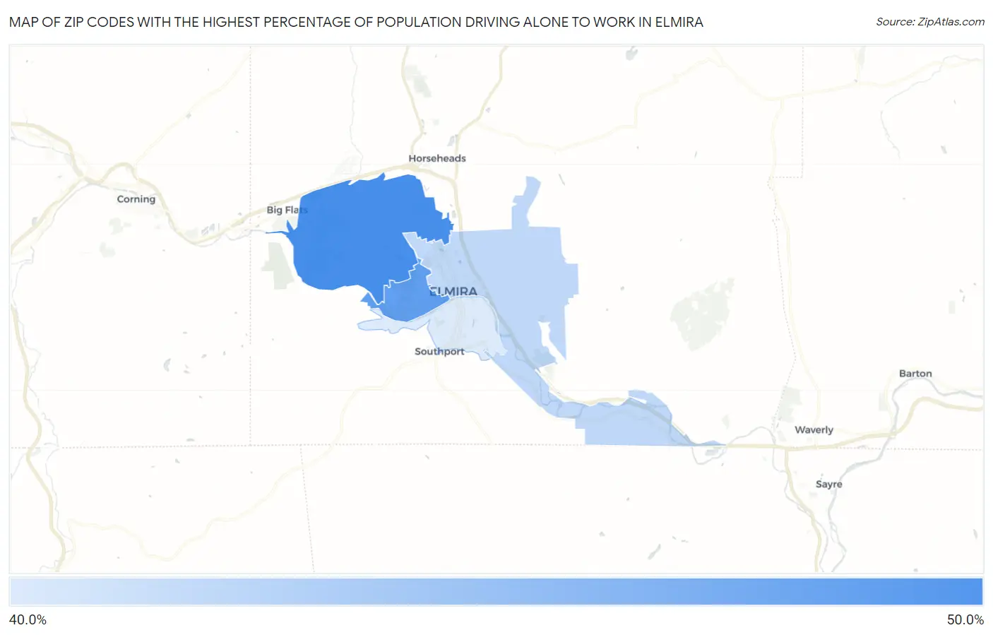 Zip Codes with the Highest Percentage of Population Driving Alone to Work in Elmira Map